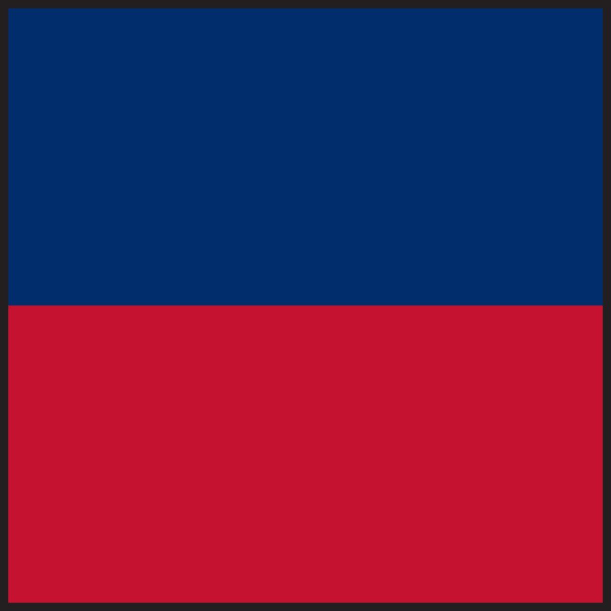 A blue and red flag with a black border on a white background.