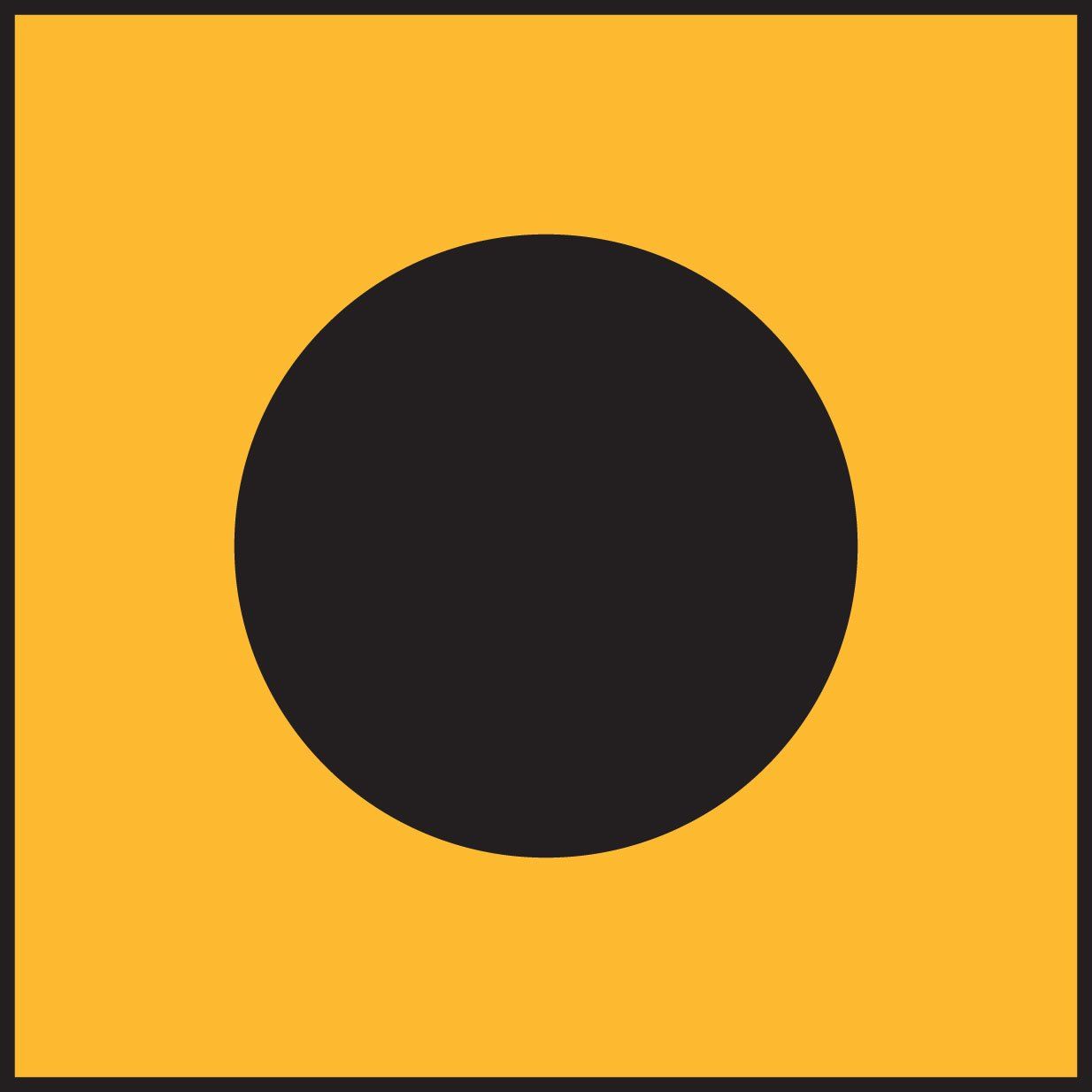 A yellow square with a black circle in the middle
