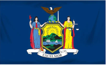 A new york state flag with a coat of arms on it