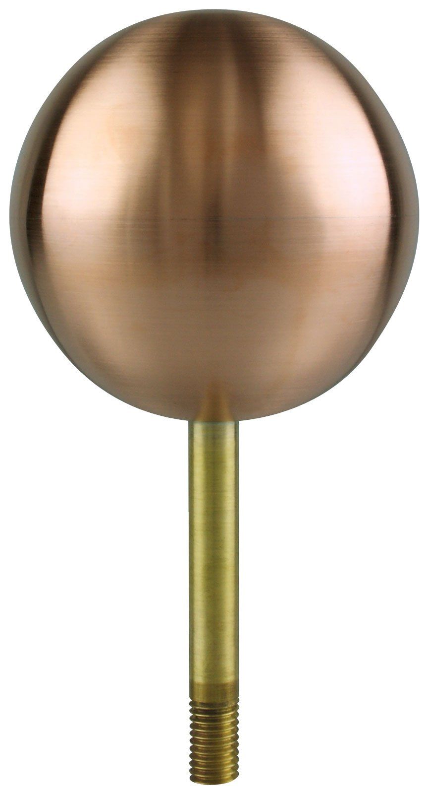 A copper ball on a brass stick on a white background.