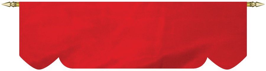 A red banner with gold hooks on a white background.