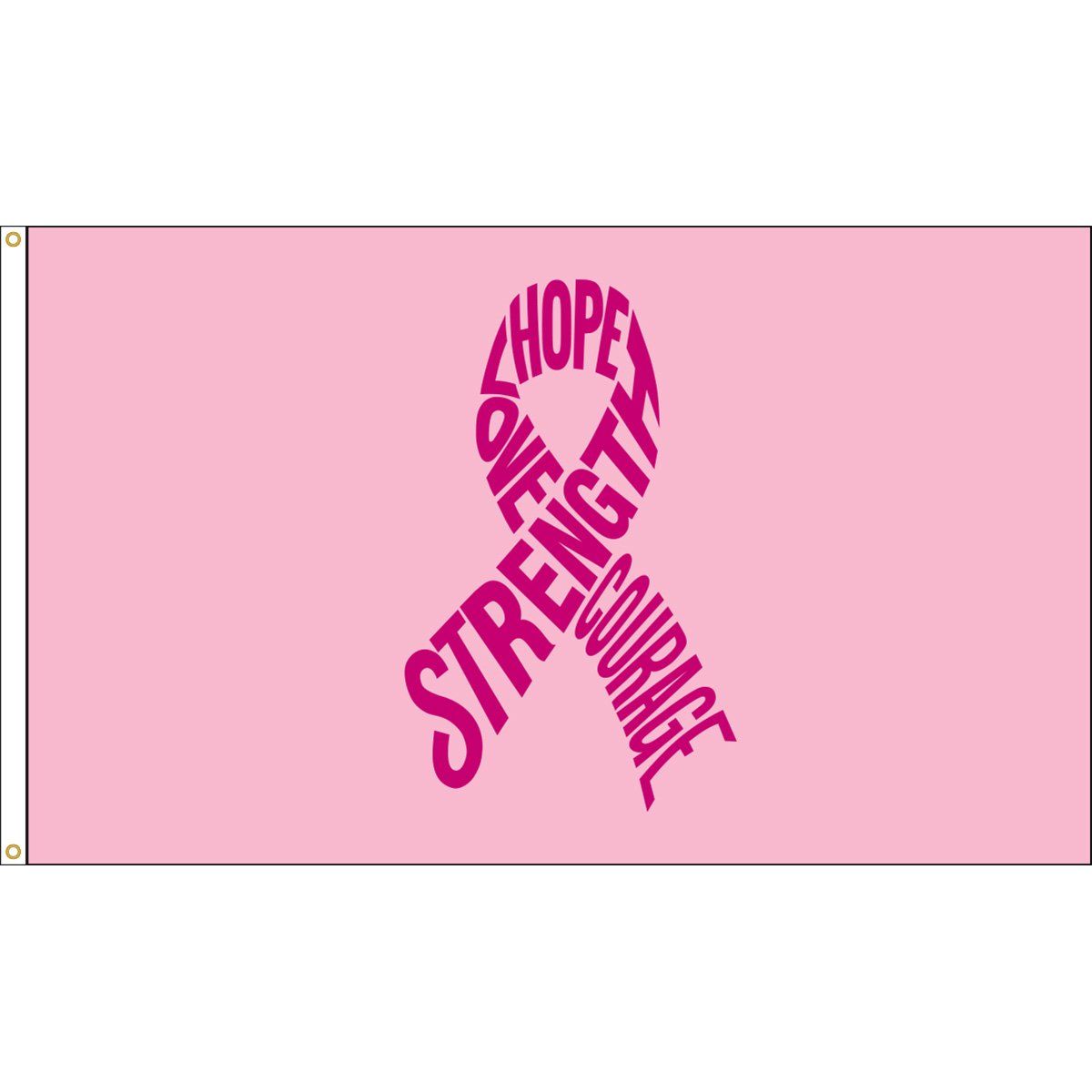 A pink ribbon with the words `` hope , strength , courage '' written on it.