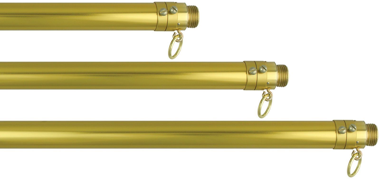 Three brass poles with hooks attached to them on a white background.