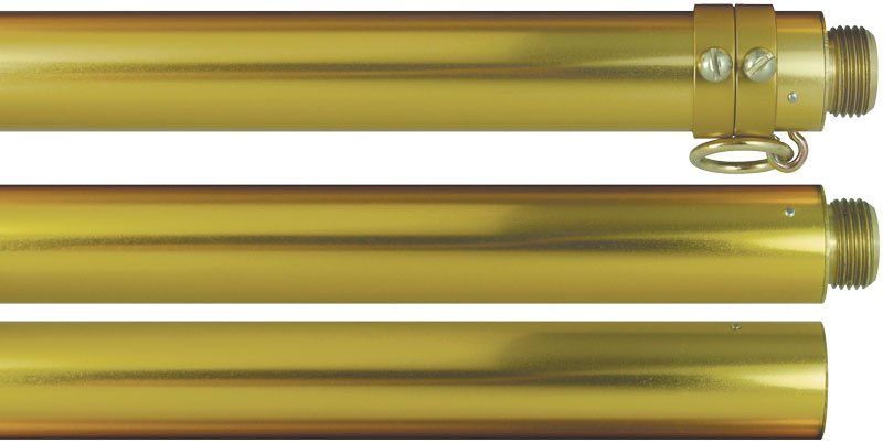 A close up of three brass poles on a white background.