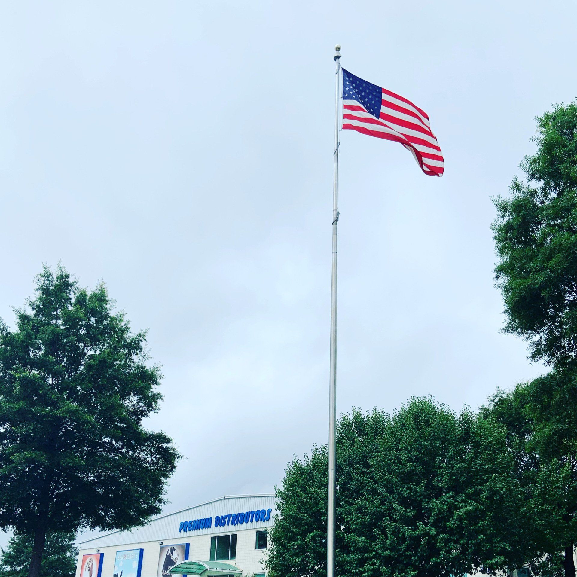 An american flag is flying in front of a building with the word enterprises on it