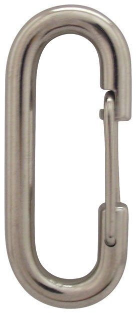 A close up of a stainless steel carabiner on a white background.