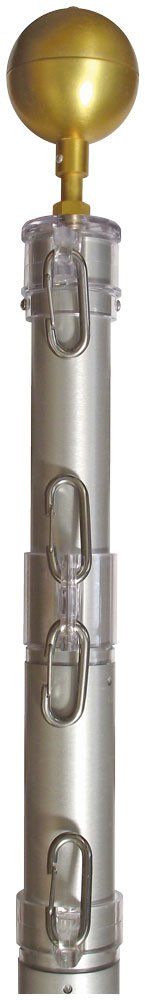 A close up of a metal pole with a gold top on a white background.