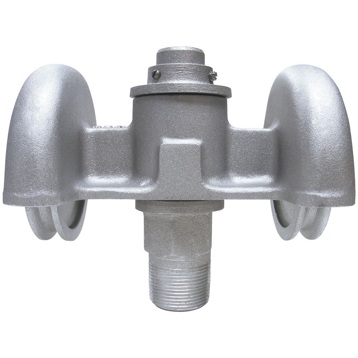 A close up of a metal object with wheels on a white background.