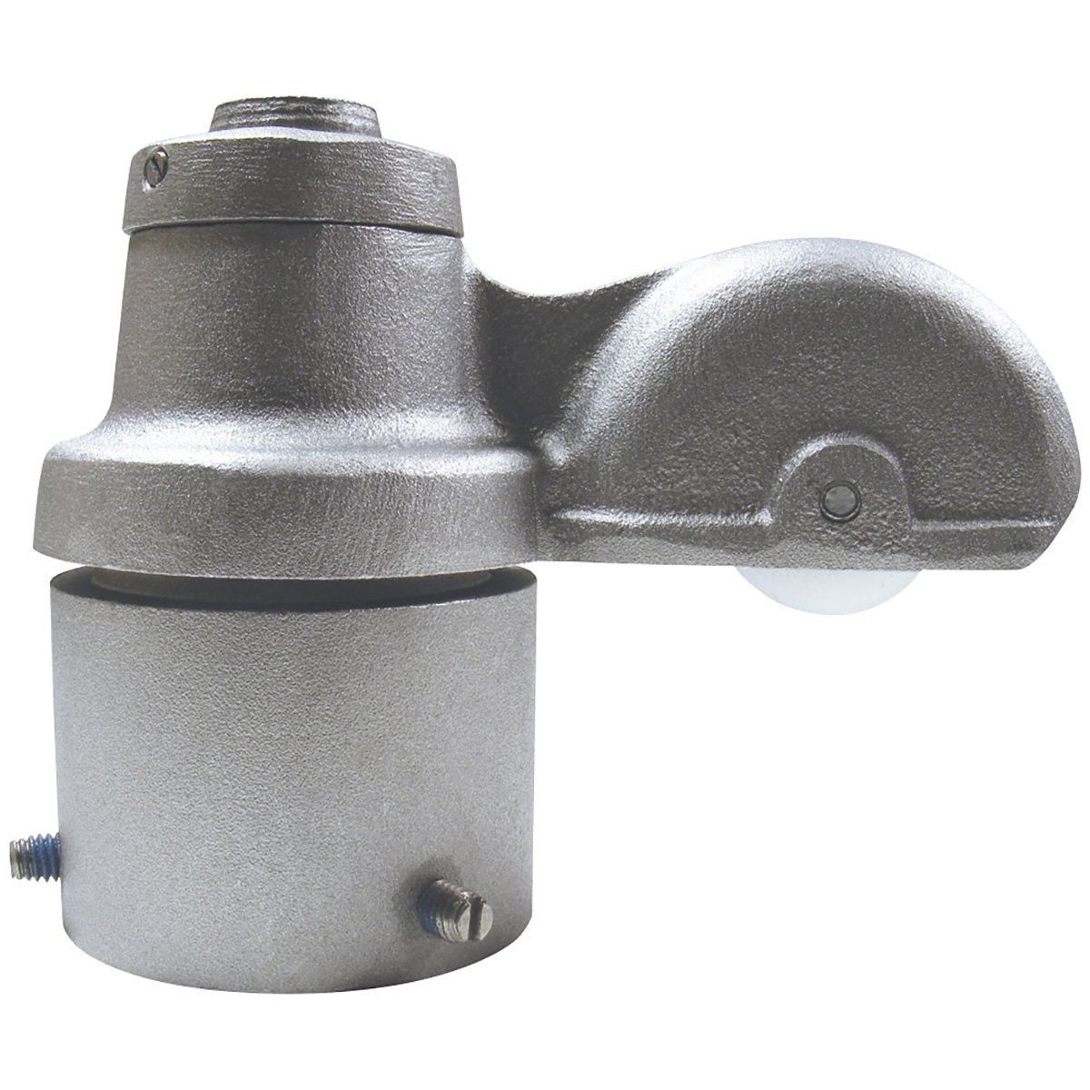 A close up of a metal object on a white background.