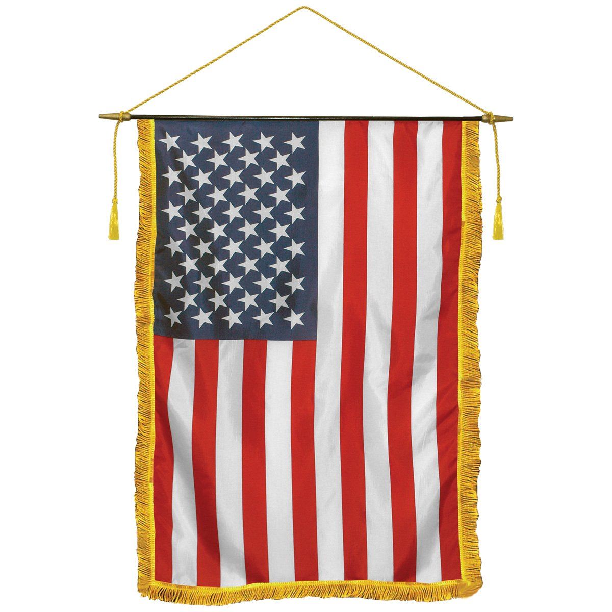 An american flag with gold tassels hangs on a rope
