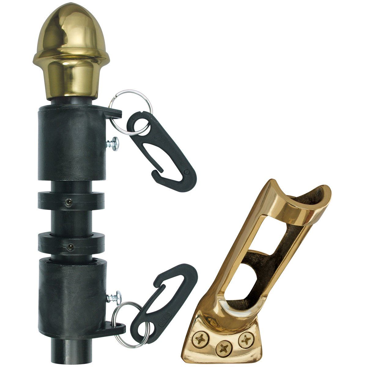 A black pole with a brass top and a brass hook