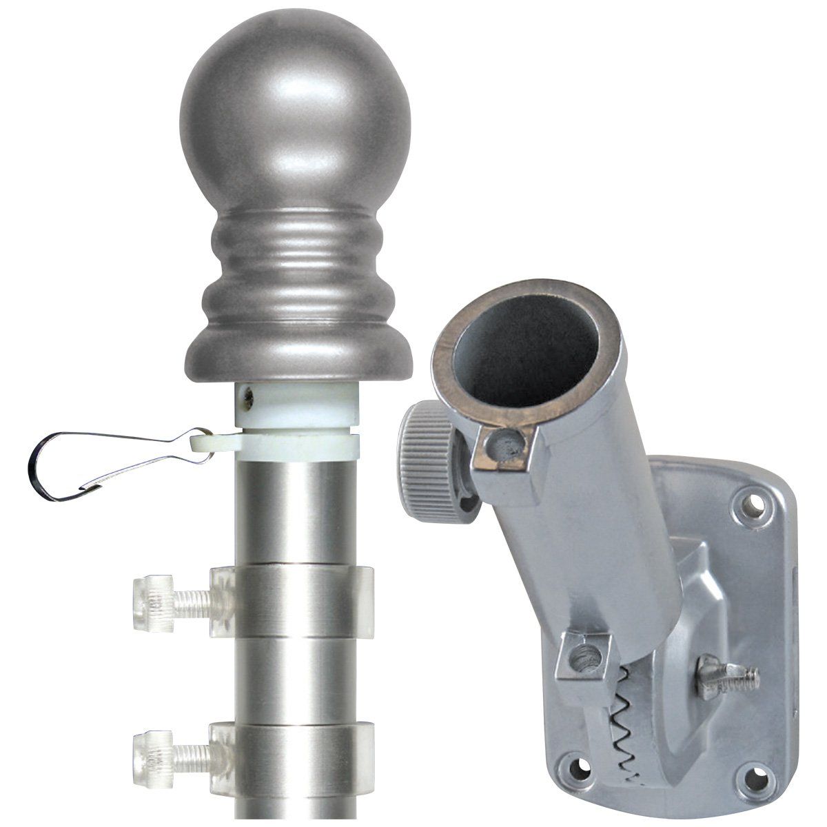 A metal pole with a hook attached to it and a metal pole with a hook attached to it.