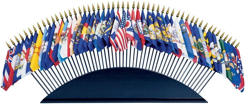 A bunch of flags are lined up in a row