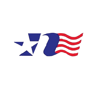 A blue , red and white logo with an american flag and a star.