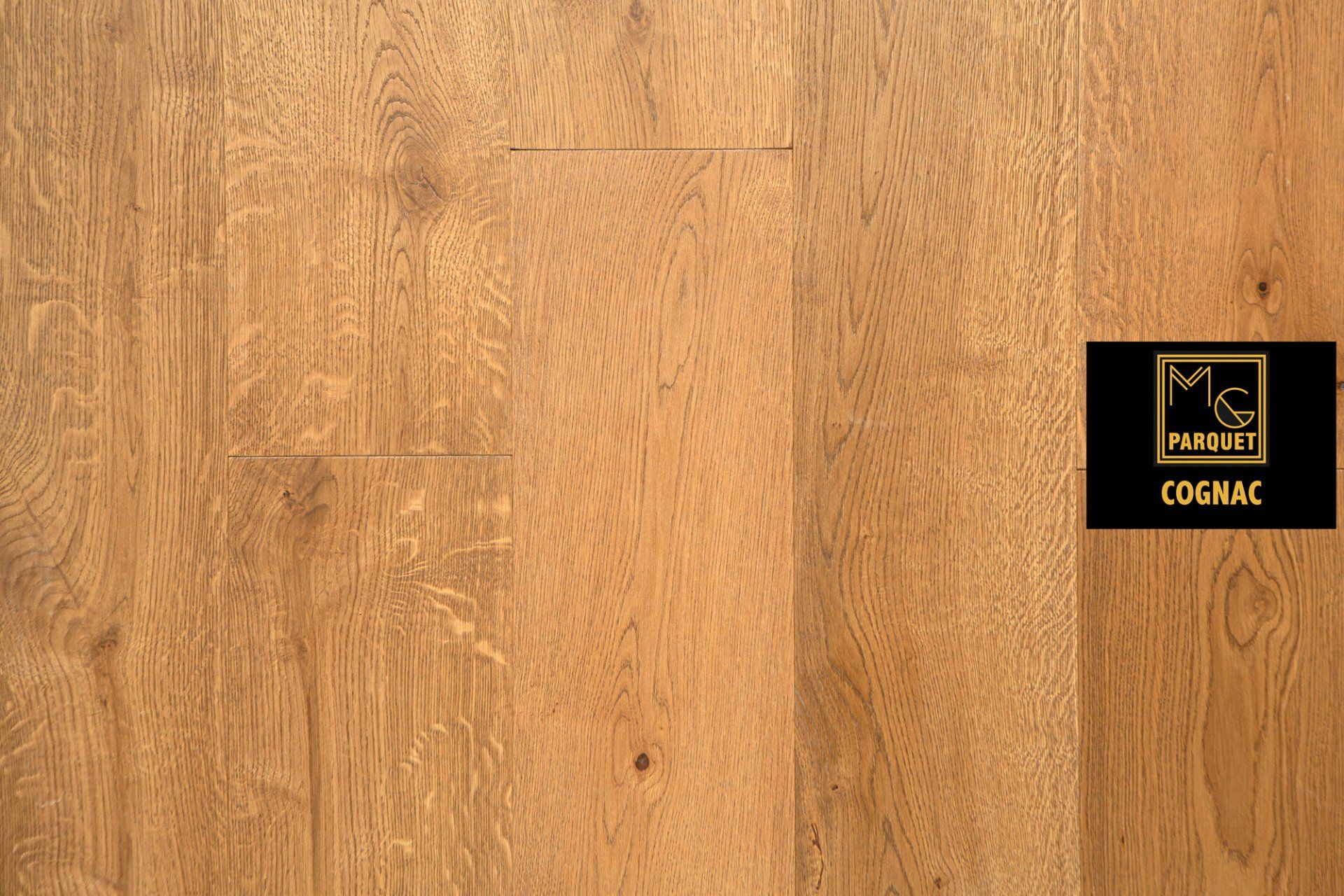 Campione di pavimento in legno, marrone chiaro con etichetta color cognac.