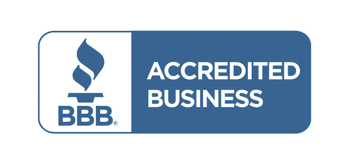 The bbb logo is blue and white and says accredited business.