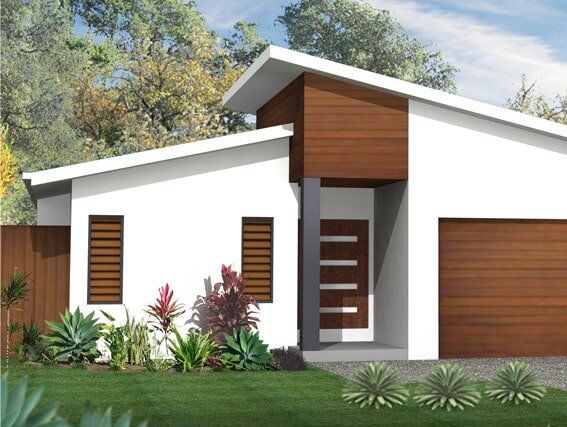 An artist 's impression of a white house with a wooden garage door