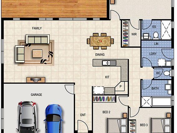 A floor plan of a house with a car in the garage