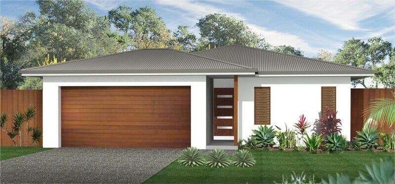 A white house with a wooden garage door