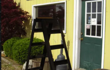 A black ladder in front of a yellow building beside a green door and red bush.