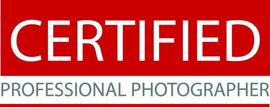 A red and white logo for a certified professional photographer