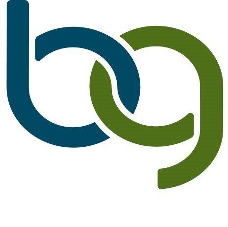 A blue and green logo on a white background.