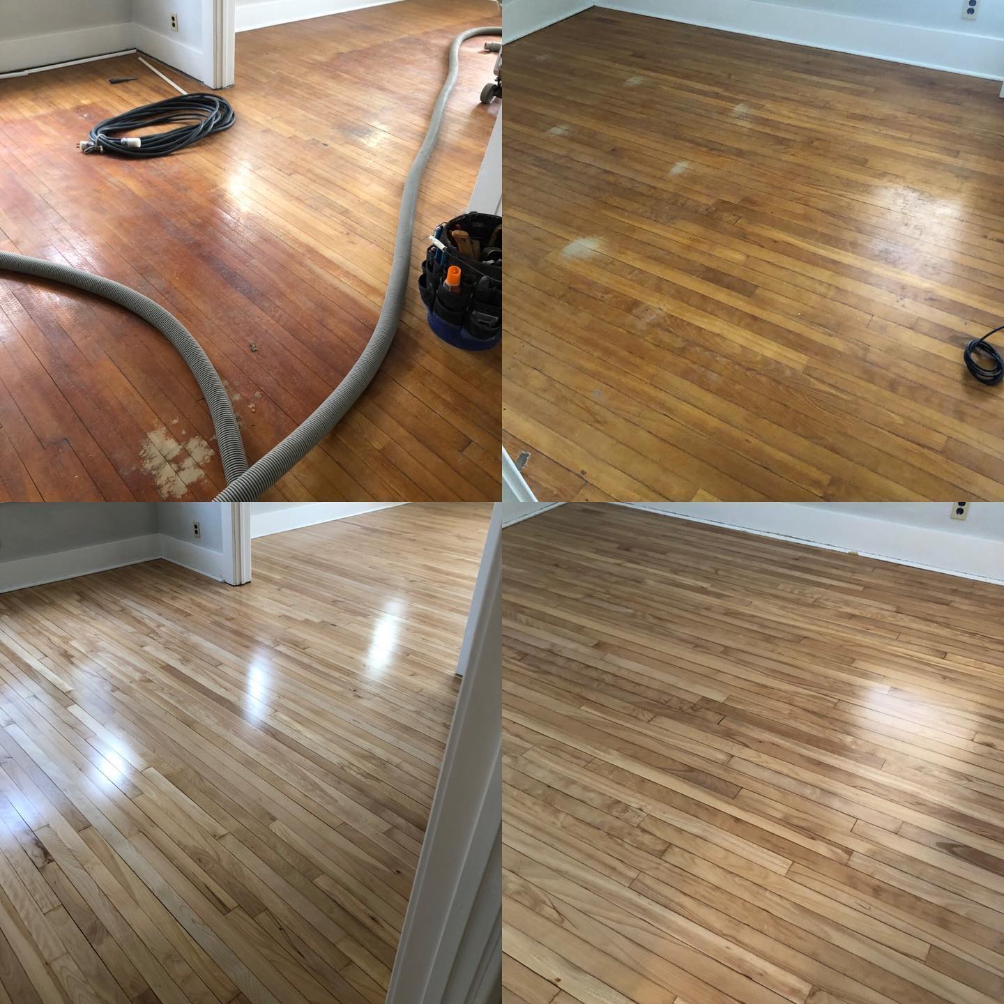 A vacuum cleaner is being used to clean a wooden floor.
