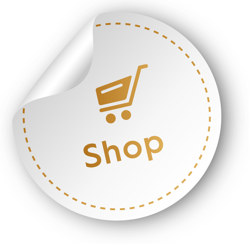 Ein Aufkleber mit einem Einkaufswagen und dem Wort „Shop“ darauf