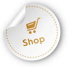 Ein Aufkleber mit einem Einkaufswagen und dem Wort „Shop“ darauf