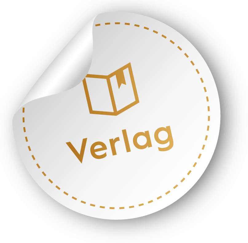 Ein weißer Aufkleber mit dem Wort „Verlag“ darauf