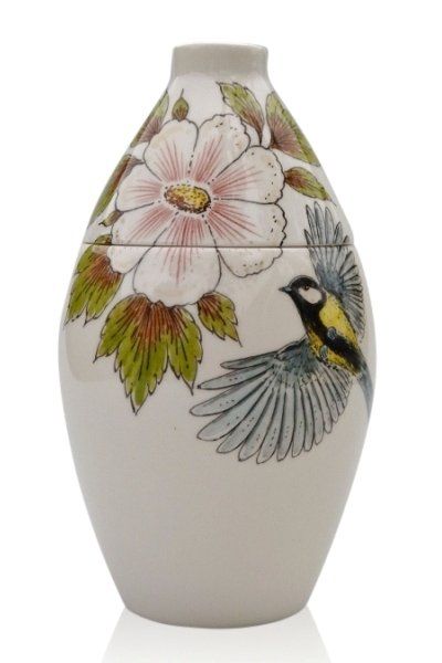 hand painted cremation urn Great Tit with Hibiscus