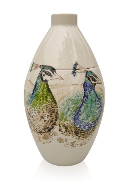 hand painted cremation urn Two Peacocks