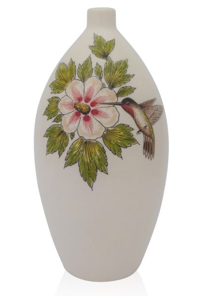 hand painted cremation urn Hummingbird with Hibiscus