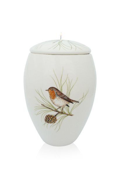 hand painted cremation urn Robin on pine