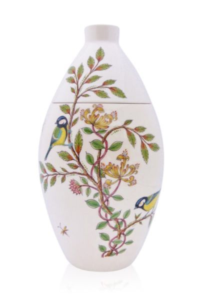 hand painted cremation urn Great Tit with Honeysuckle