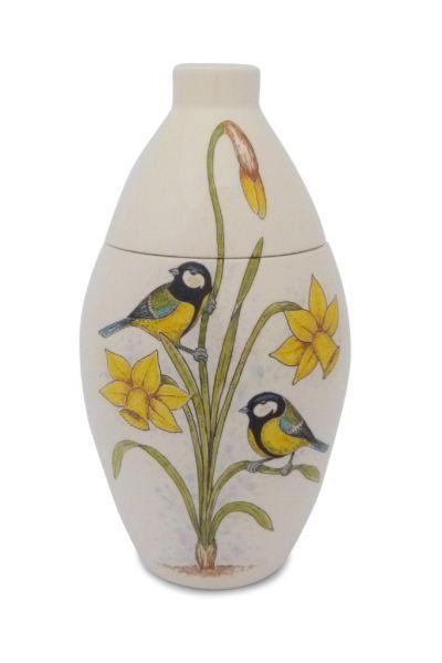 hand painted cremation urn Great Tit with Daffodils