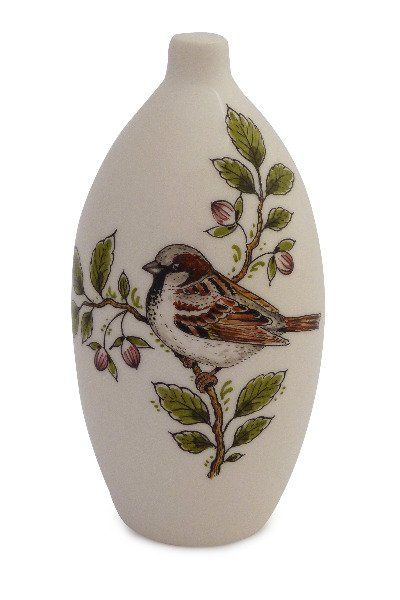 hand painted cremation urn House Sparrow with blossom