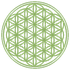Ein grünes Muster mit der Blume des Lebens in einem Kreis auf weißem Hintergrund.