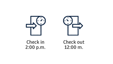 Iconos de entrada y salida con horarios: 14:00 y 12:00.