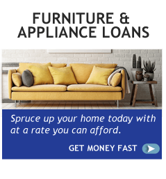 An advertisement for furniture and appliance loans with a yellow couch