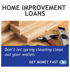An advertisement for home improvement loans shows a hammer and a level