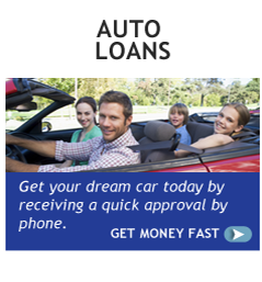 An ad for auto loans shows a man driving a red convertible