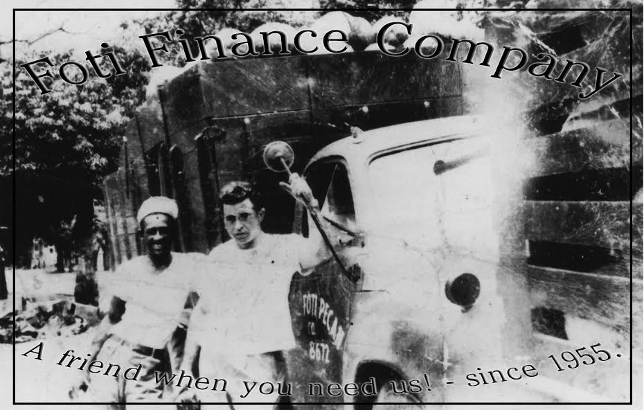 A black and white photo of people standing in front of a truck that says pott finance company