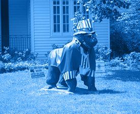 A statue of a gorilla in front of a house