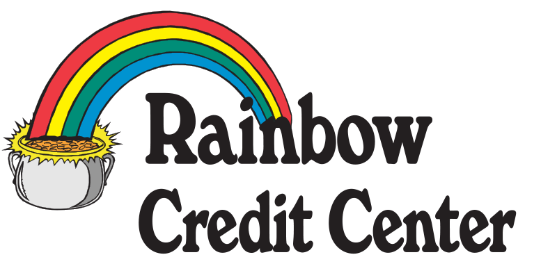 The logo for rainbow credit center shows a rainbow and a pot of gold.