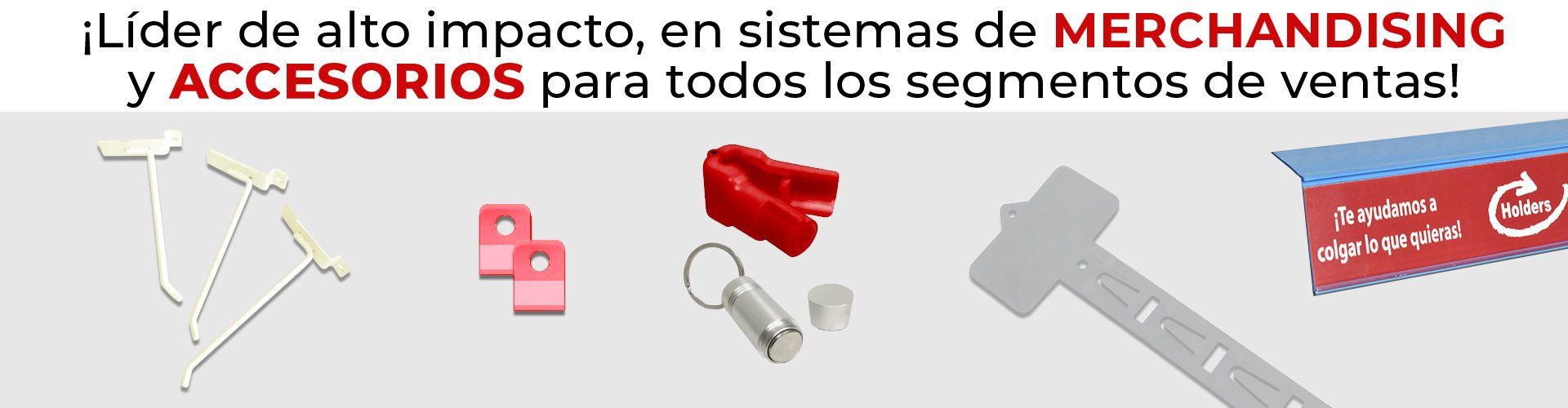 Anuncio de texto para merchandising y accesorios, con ejemplos de producto.