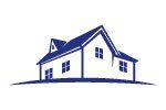 Blue and white house silhouette on a slight hill, with a gable roof and several windows.