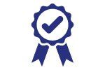 Blue badge with a checkmark, indicating approval or quality.