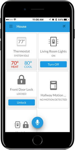 A smartphone screen displaying a home automation app. It shows controls for the thermostat, lights, and door lock.