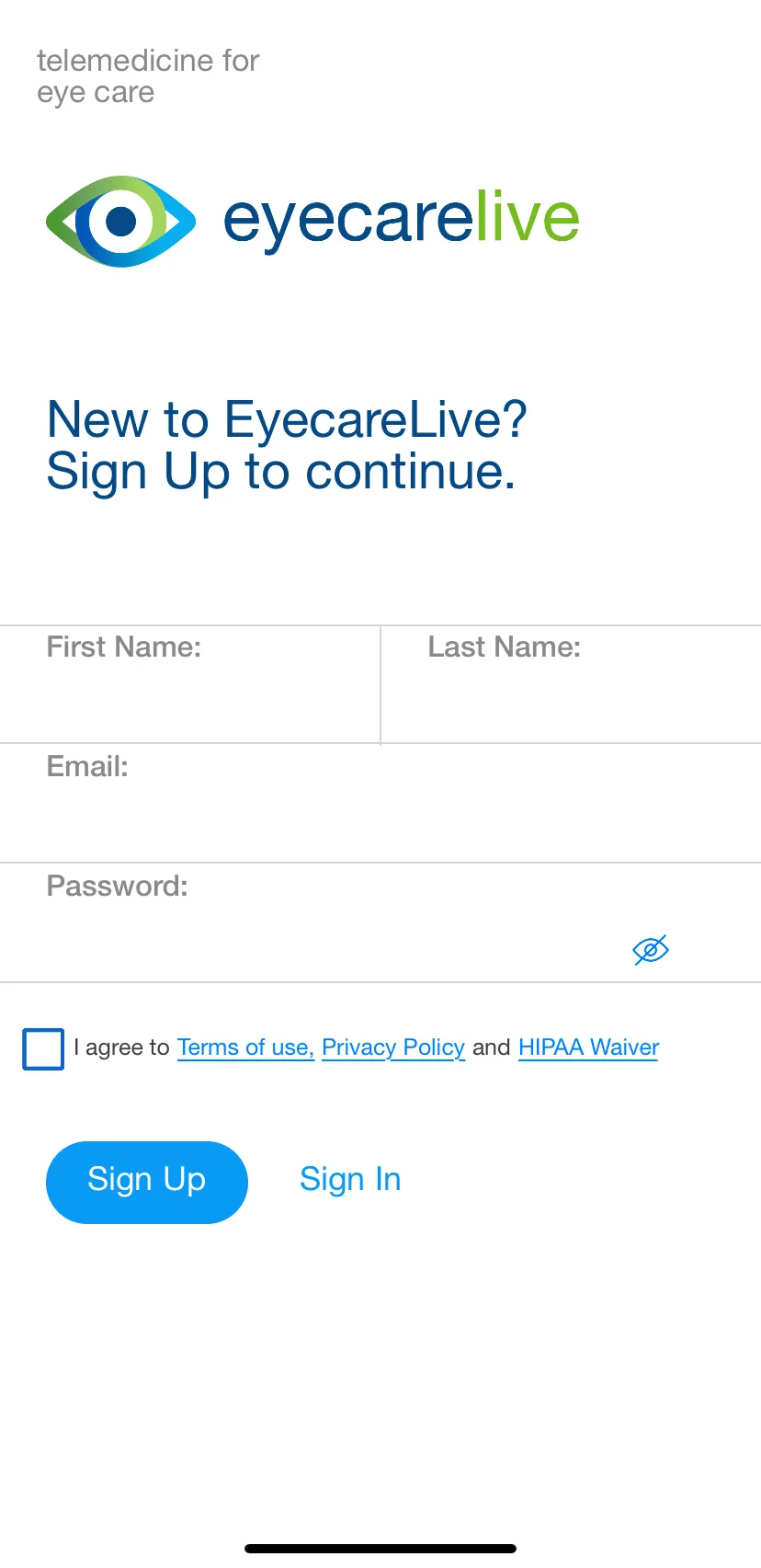 A screenshot of the eyecarelive app on a cell phone.